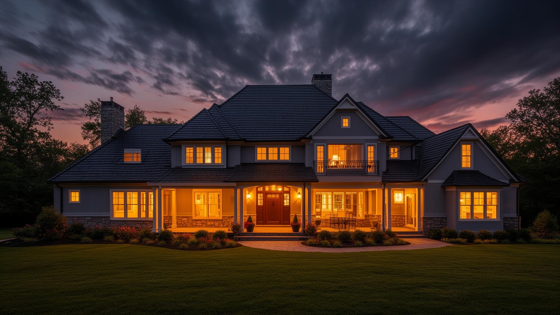 Beautiful home at dusk with a new roof installed by Pina's Roofing