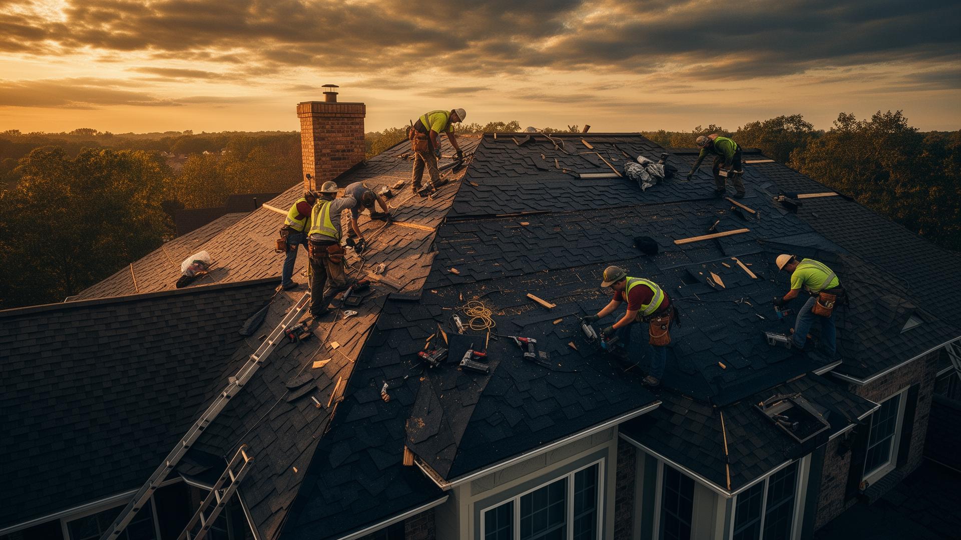 Pina's Roofing professional crew installing a new architectural shingle roof at golden hour in Walla Walla